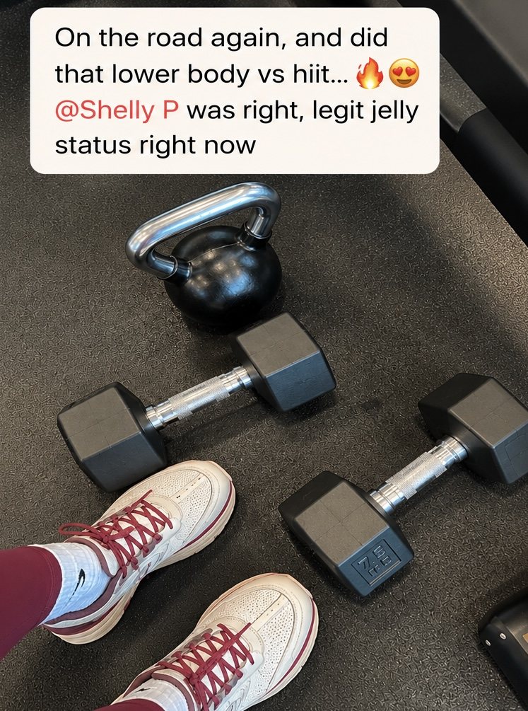 App feed post: kettlebell and dumbbells on a gym floor