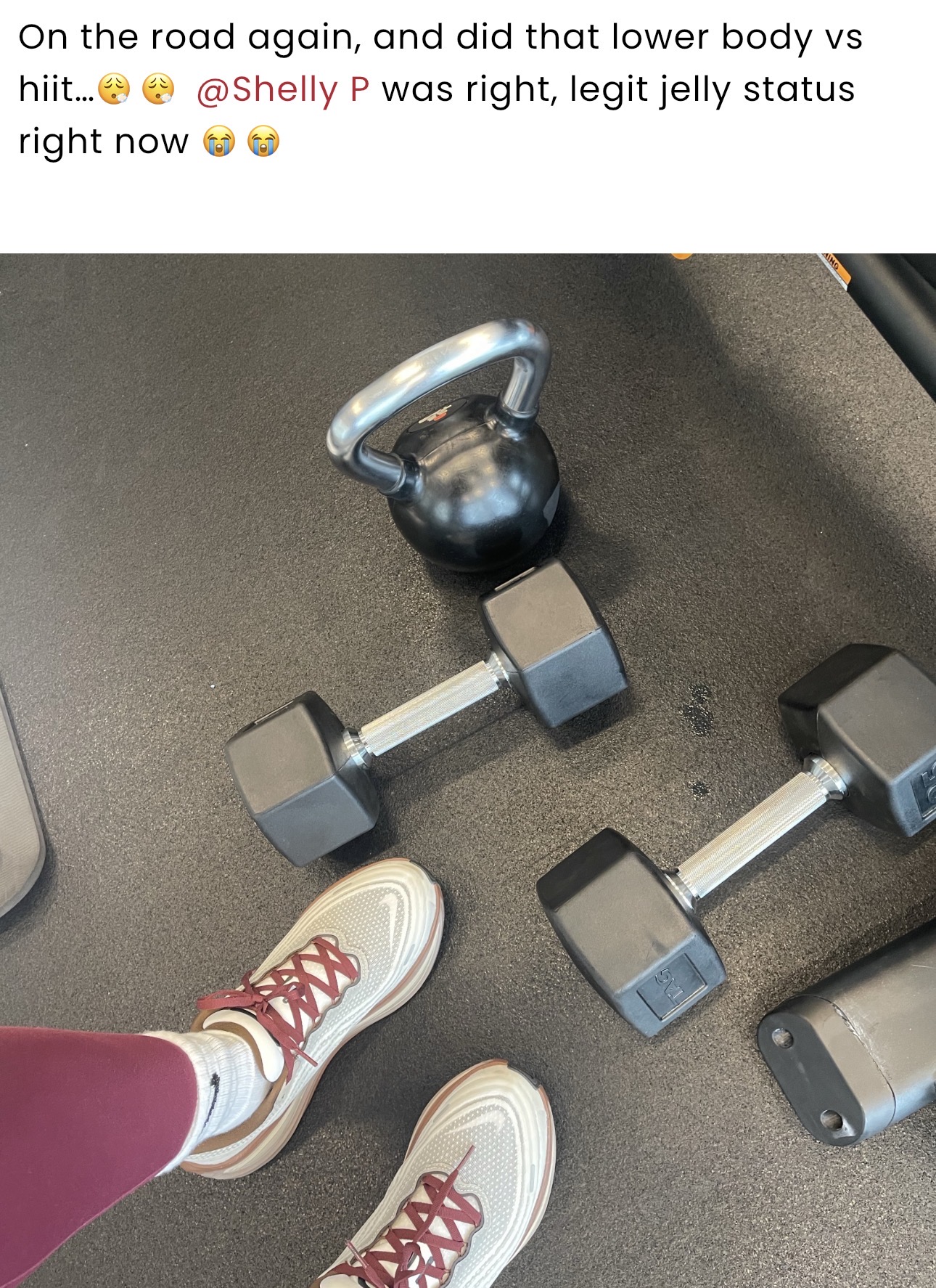 App feed post: kettlebell and dumbbells on a gym floor